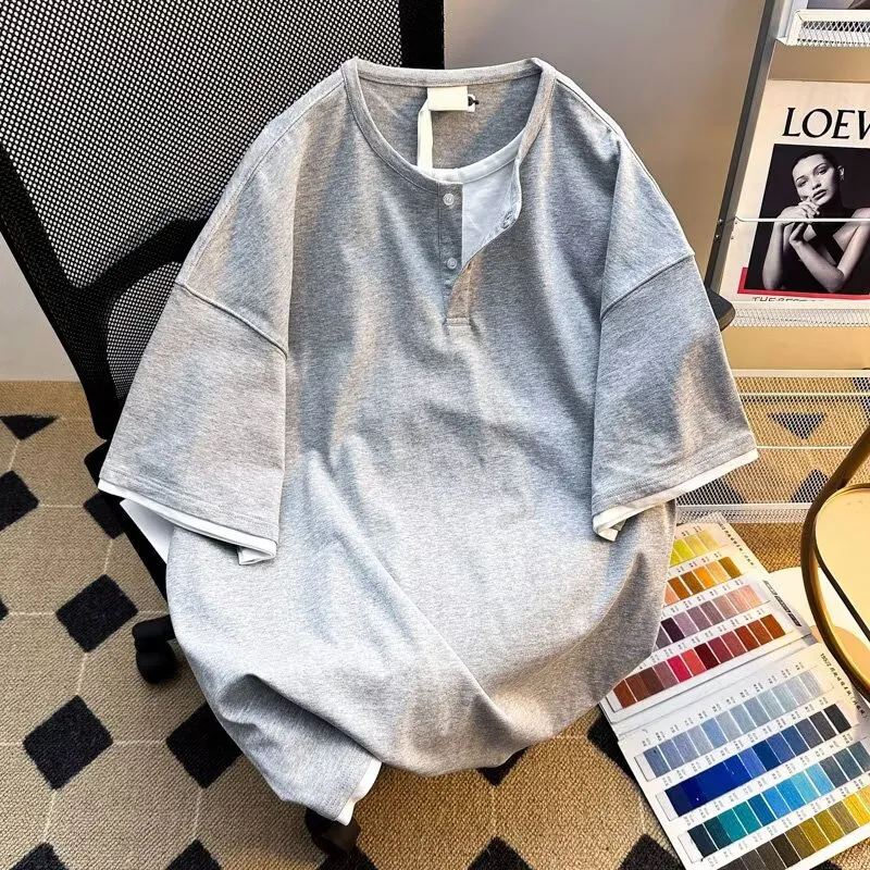 TONYBEAR Men's Casual Sports Loose Fit Fashion Versatile Basic Mock Two Piece T Shirt Men's-5