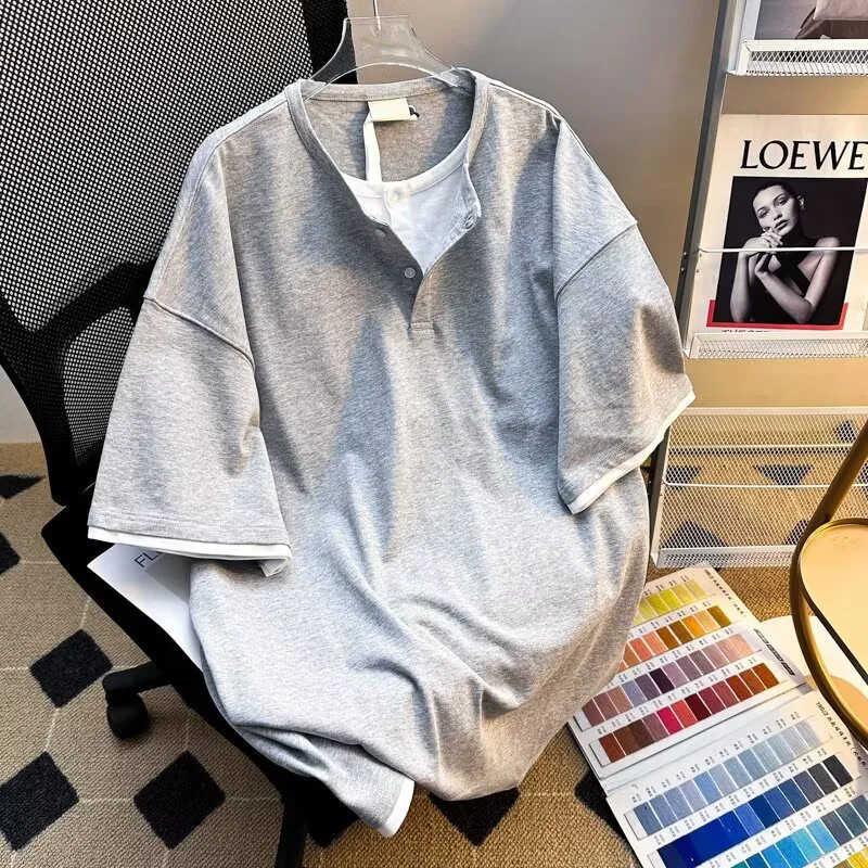 TONYBEAR Men's Casual Sports Loose Fit Fashion Versatile Basic Mock Two Piece T Shirt Men's-3