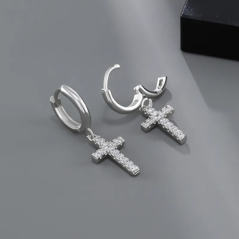 PUENTE 925 Sterling Silver Cross Hoop Earrings Men's-3