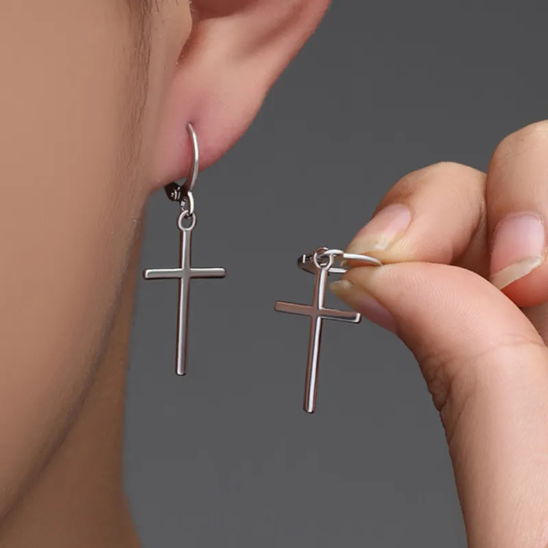 PUENTE 925 Sterling Silver Cross Hoop Earrings Men's-2
