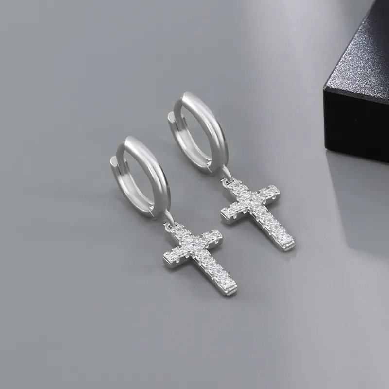 PUENTE 925 Sterling Silver Cross Hoop Earrings Men's-4