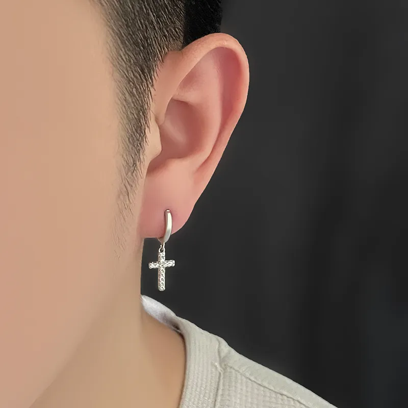 PUENTE 925 Sterling Silver Cross Hoop Earrings Men's-1