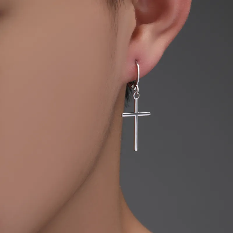 PUENTE 925 Sterling Silver Cross Hoop Earrings Men's-1