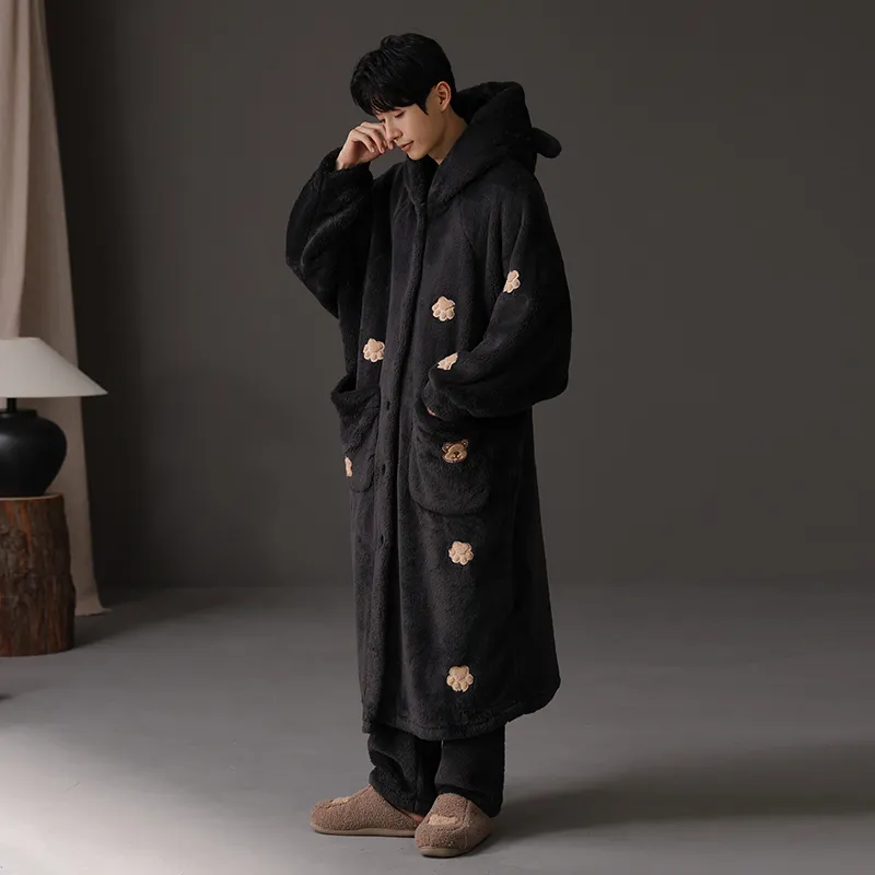 ROUKEER Pajama Robe Men's Black-5