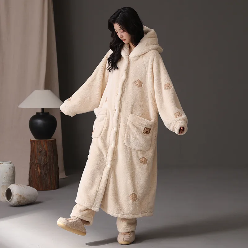 ROUKEER Pajama Robe Women's Ecru-4