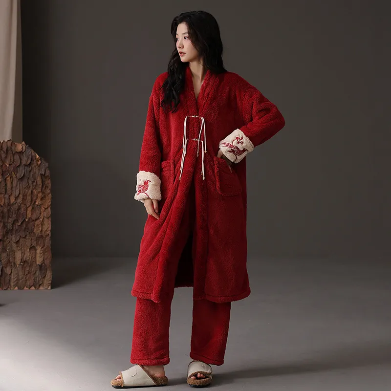 ROUKEER Pajama Robe Women's Red-12