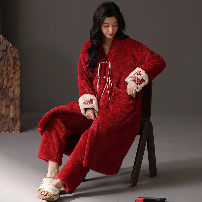 ROUKEER Pajama Robe Women's Red-9