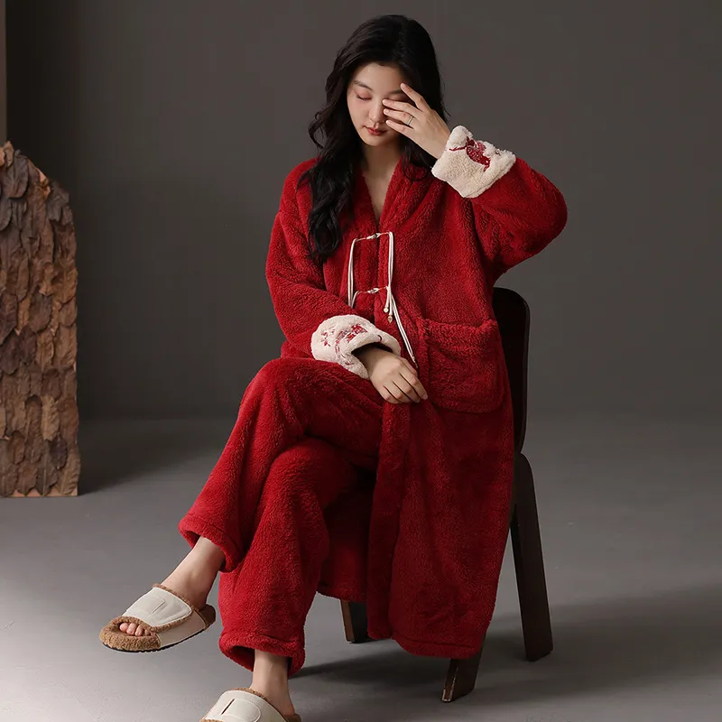 ROUKEER Pajama Robe Women's Red-8