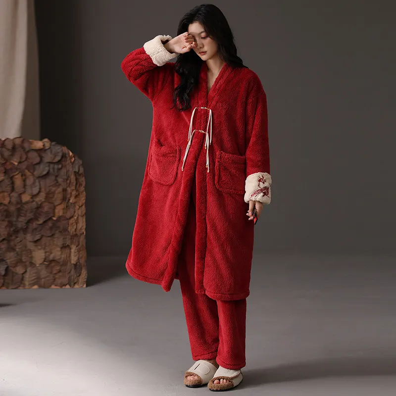 ROUKEER Pajama Robe Women's Red-2