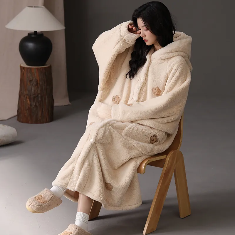 ROUKEER Pajama Robe Women's Ecru-12