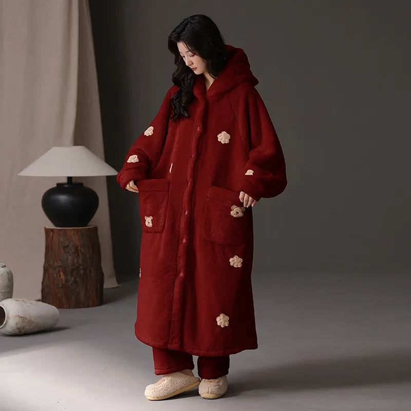ROUKEER Pajama Robe Women's Red-3
