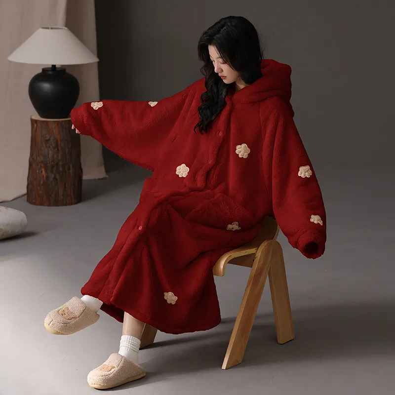 ROUKEER Pajama Robe Women's Red-11