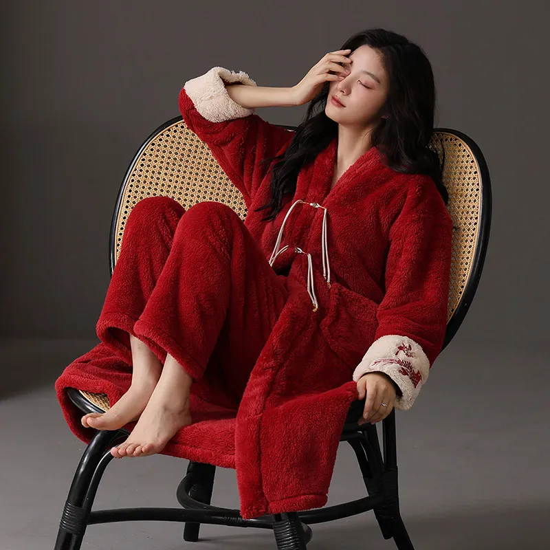 ROUKEER Pajama Robe Women's Red-6
