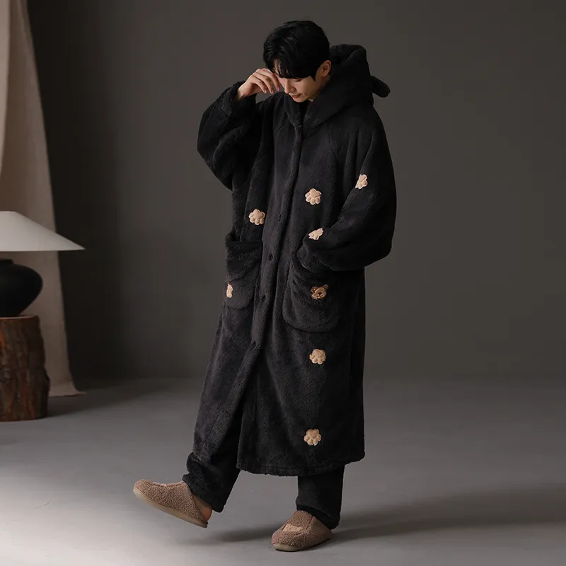 ROUKEER Pajama Robe Men's Black-4