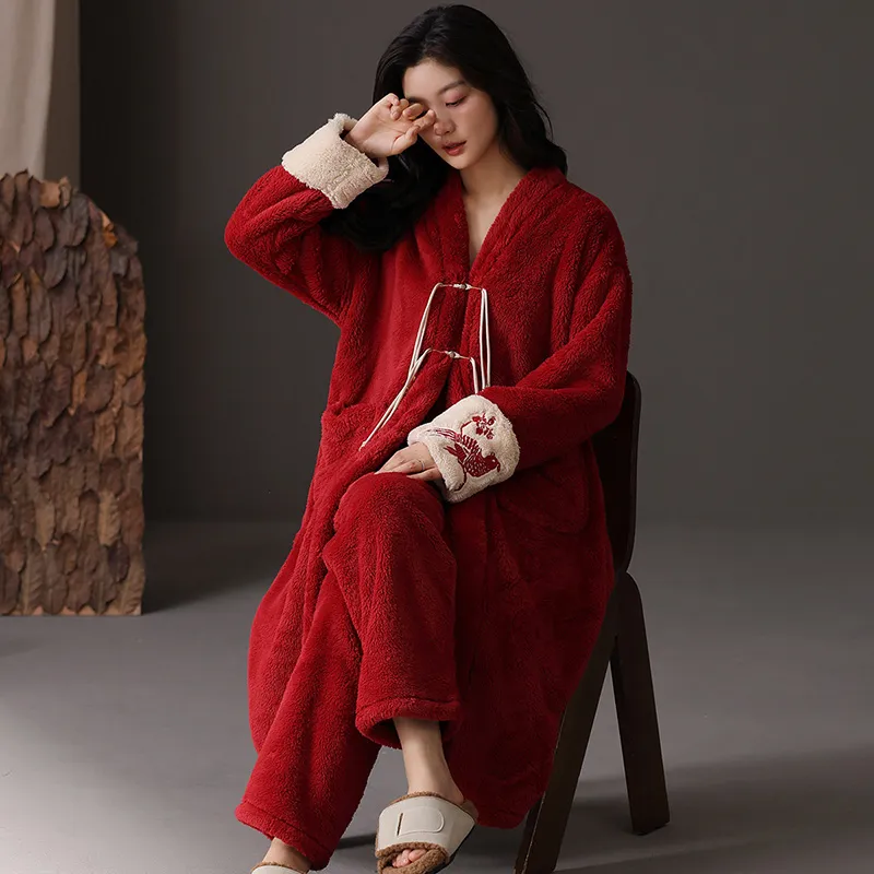 ROUKEER Pajama Robe Women's Red-10