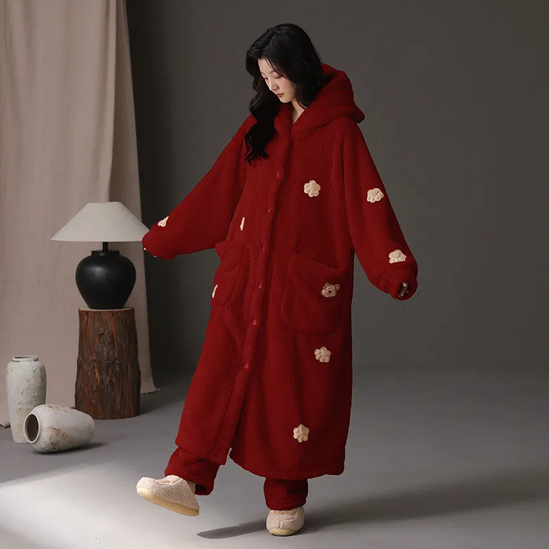 ROUKEER Pajama Robe Women's Red-4