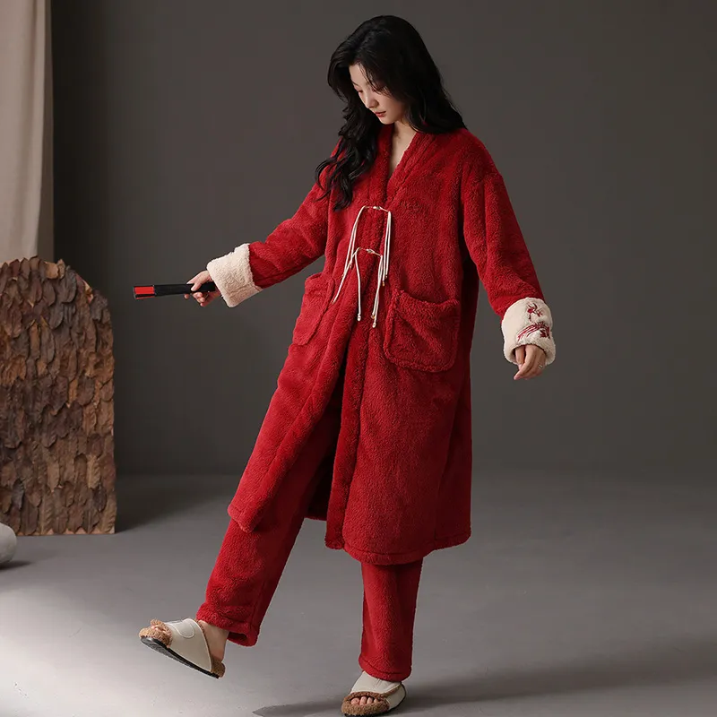 ROUKEER Pajama Robe Women's Red-3