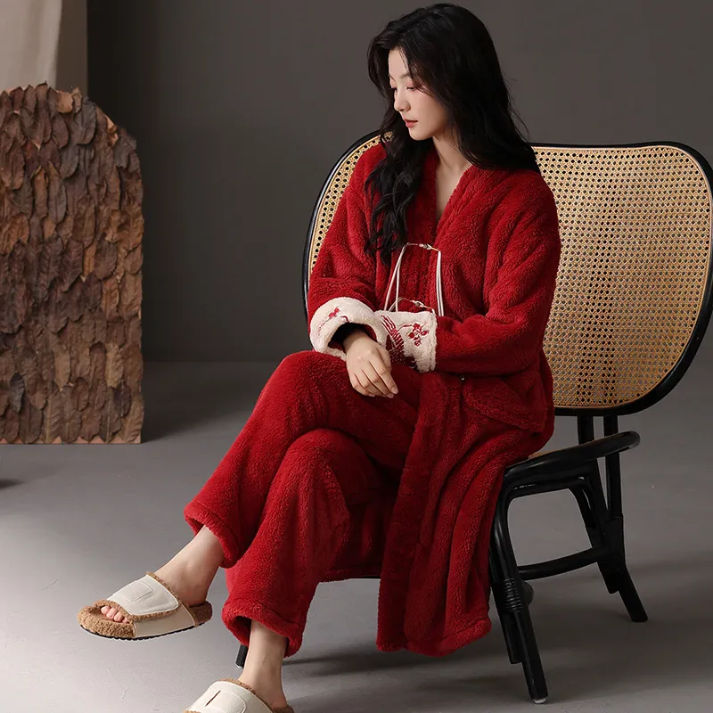 ROUKEER Pajama Robe Women's Red-11