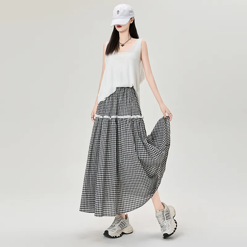 Mm Casual Long Skirts Women's Plaid-3