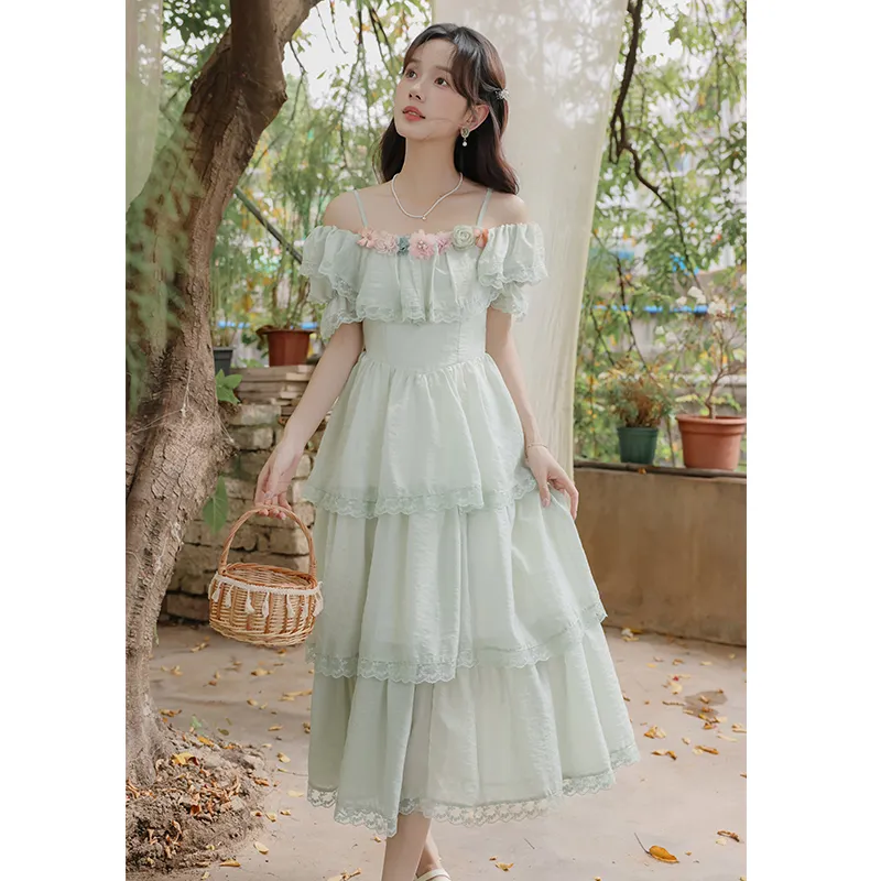 Mm Slip Dresses Women's Green Tiered Skirt-5