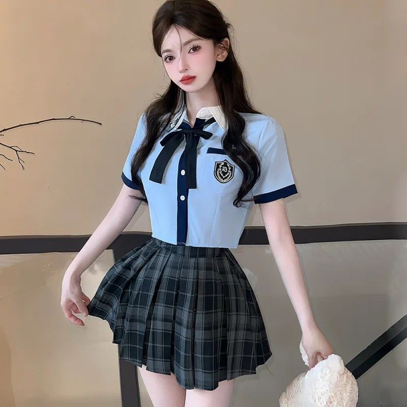 Mm Uniforms Women's Blue Shirt+Plaid Dress+Bow Tie-2