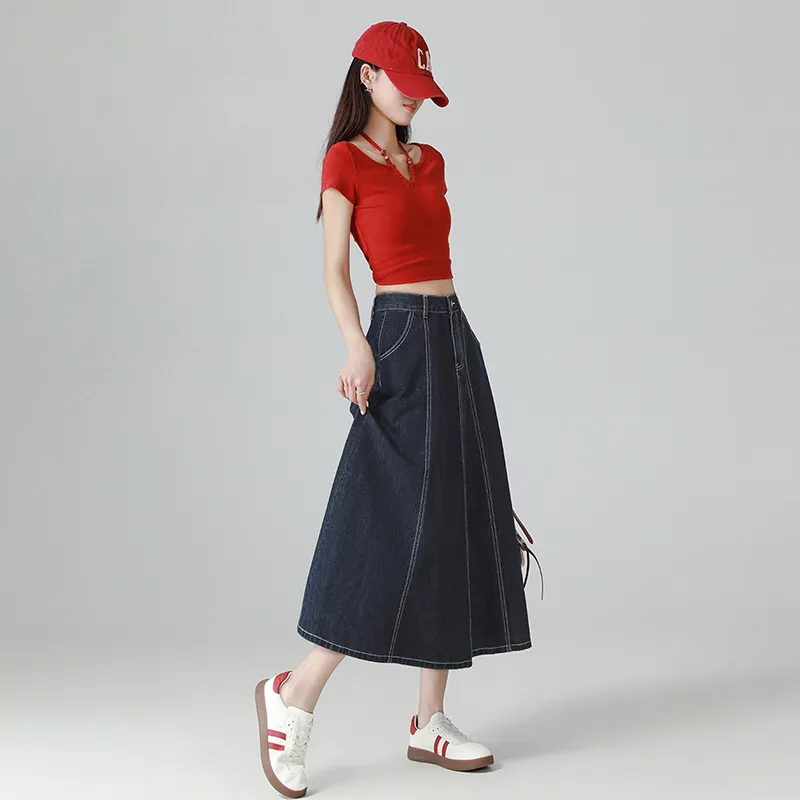 Mm Denim Long Skirts Women's Dark Blue-4