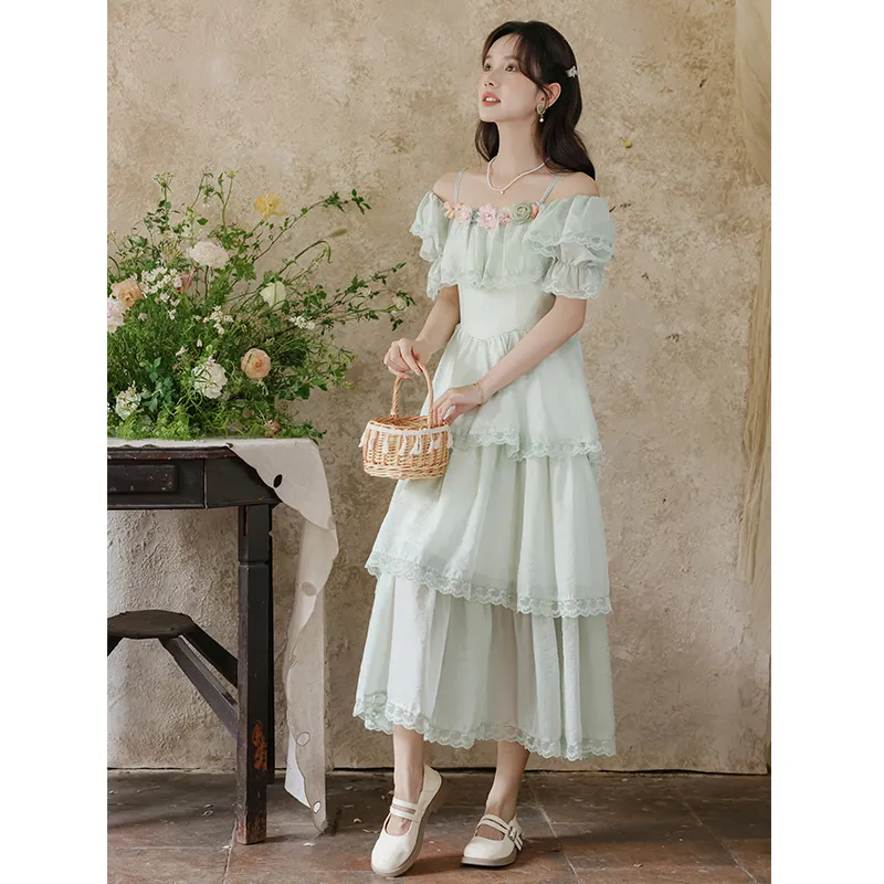 Mm Slip Dresses Women's Green Tiered Skirt-2