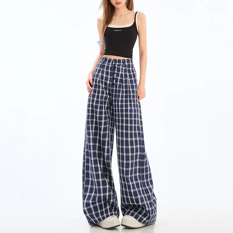 Mm Casual Pants Women's Blue Plaid-3