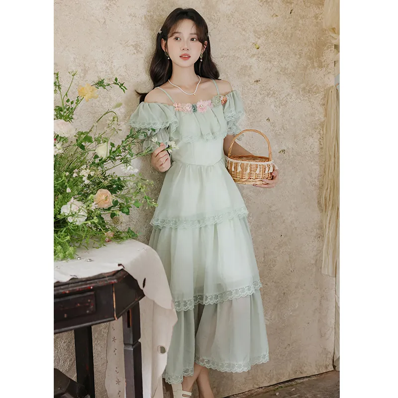 Mm Slip Dresses Women's Green Tiered Skirt-4