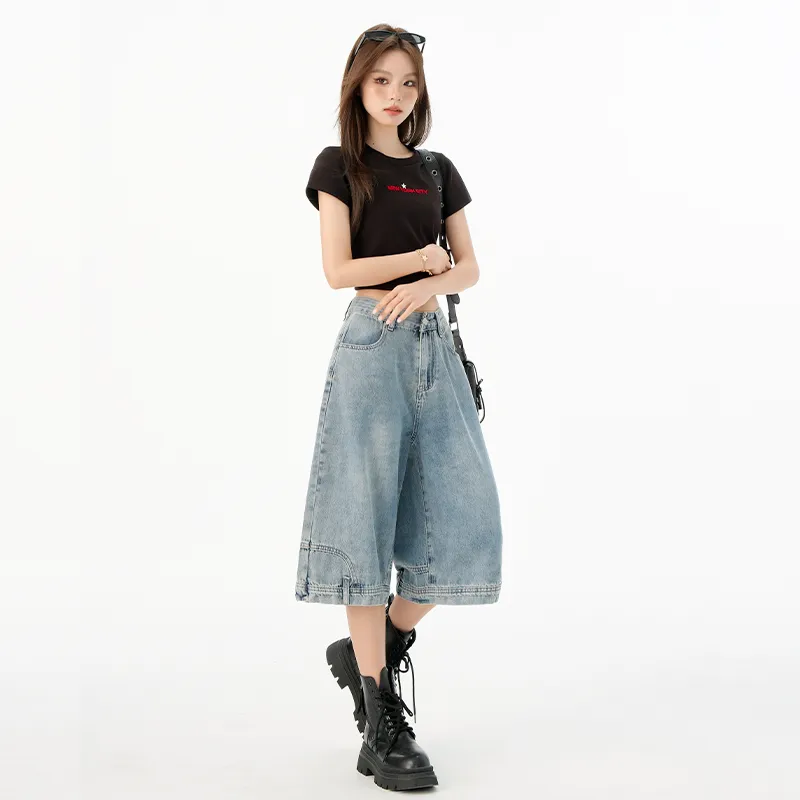 Mm Denim Shorts Women's Vintage Blue Mid Length Pants-4