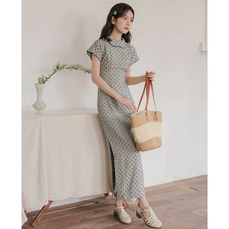 Mm Short Sleeved Dresses Women's Gray With Polka Dot-3