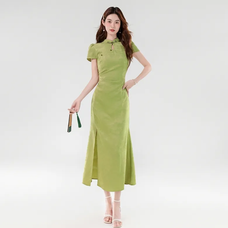 Mm Short Sleeved Dresses Women's Chinese Style Green-1