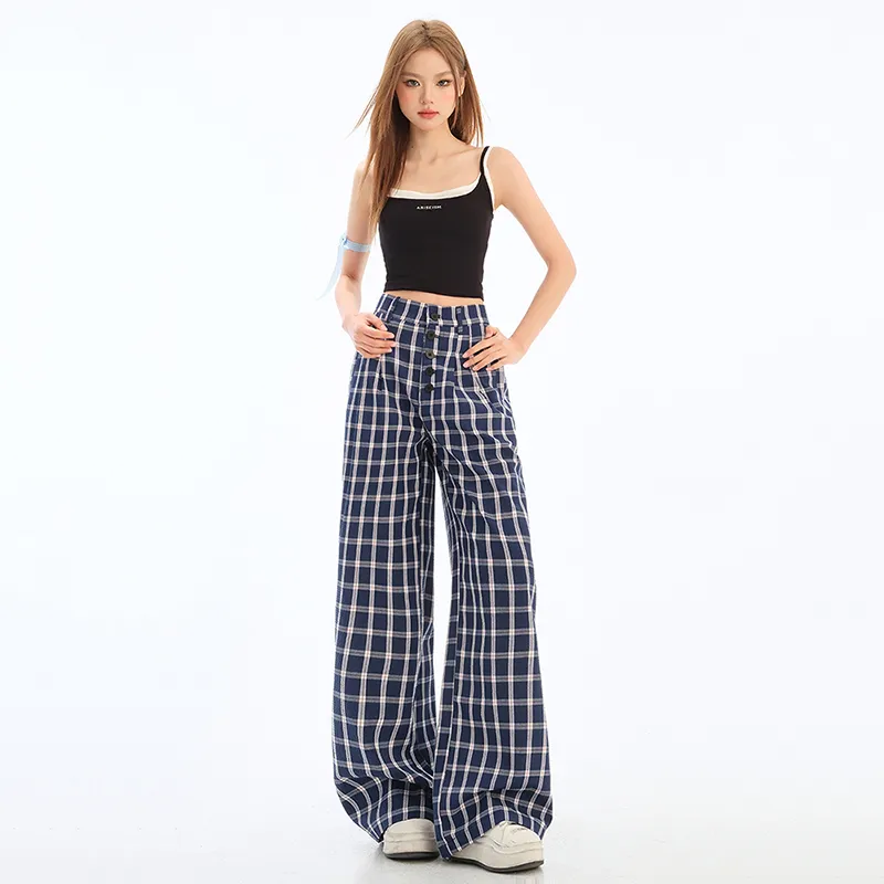 Mm Casual Pants Women's Blue Plaid-4