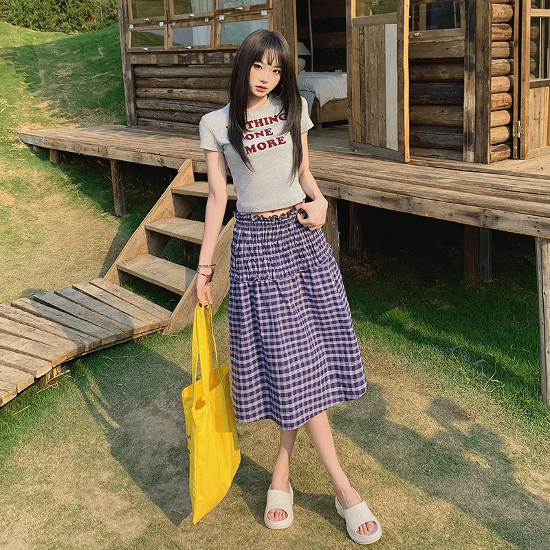 Mm Casual Long Skirts Women's Blue Reversible Plaid-3