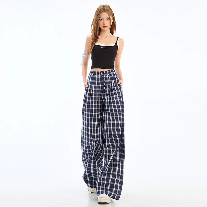Mm Casual Pants Women's Blue Plaid-5