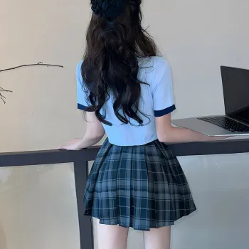 Mm Uniforms Women's Blue Shirt+Plaid Skirt+Bow Tie
