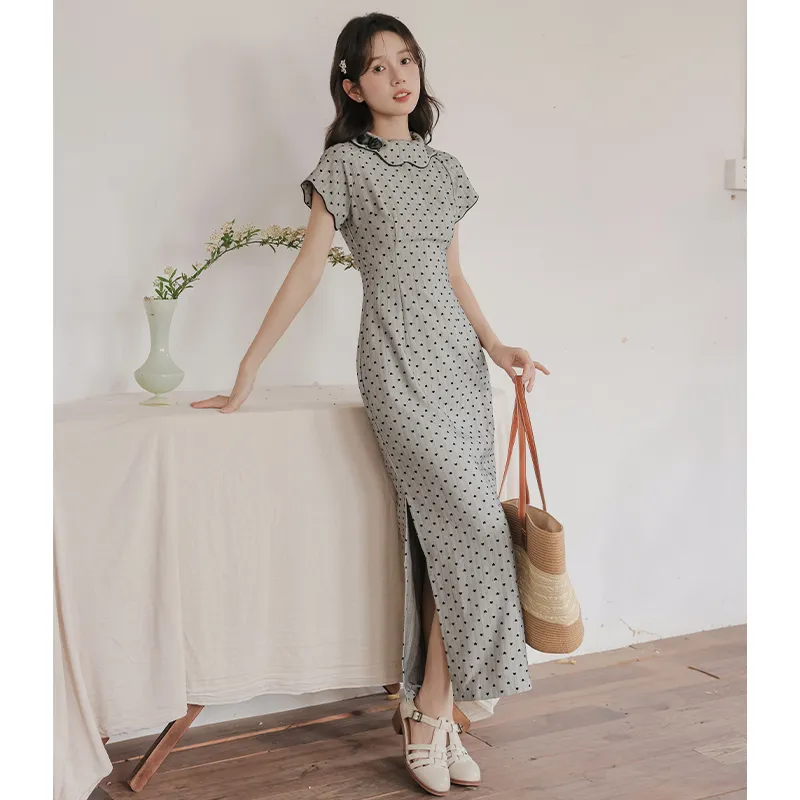 Mm Short Sleeved Dresses Women's Gray With Polka Dot-2