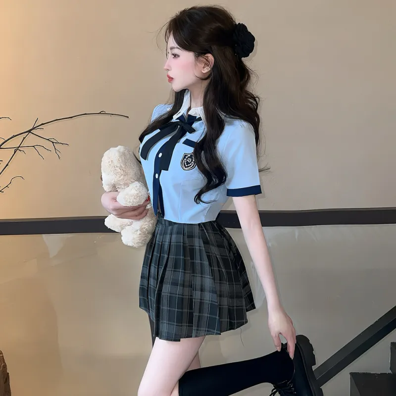 Mm Uniforms Women's Blue Shirt+Plaid Dress+Bow Tie-4