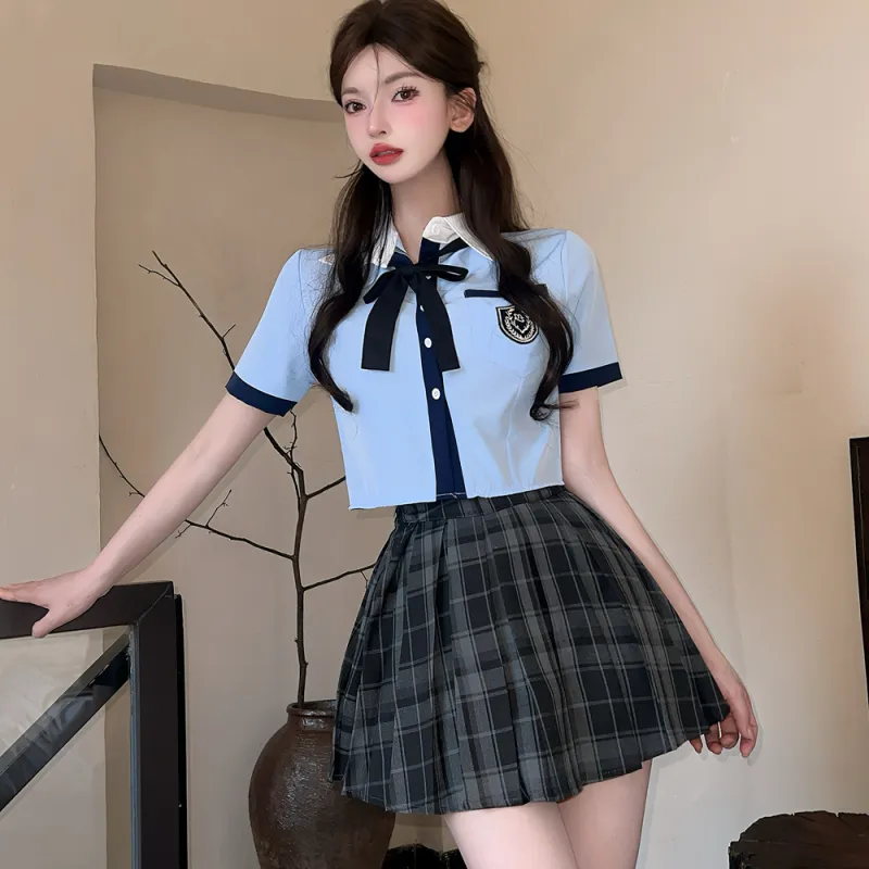 Mm Uniforms Women's Blue Shirt+Plaid Dress+Bow Tie-1