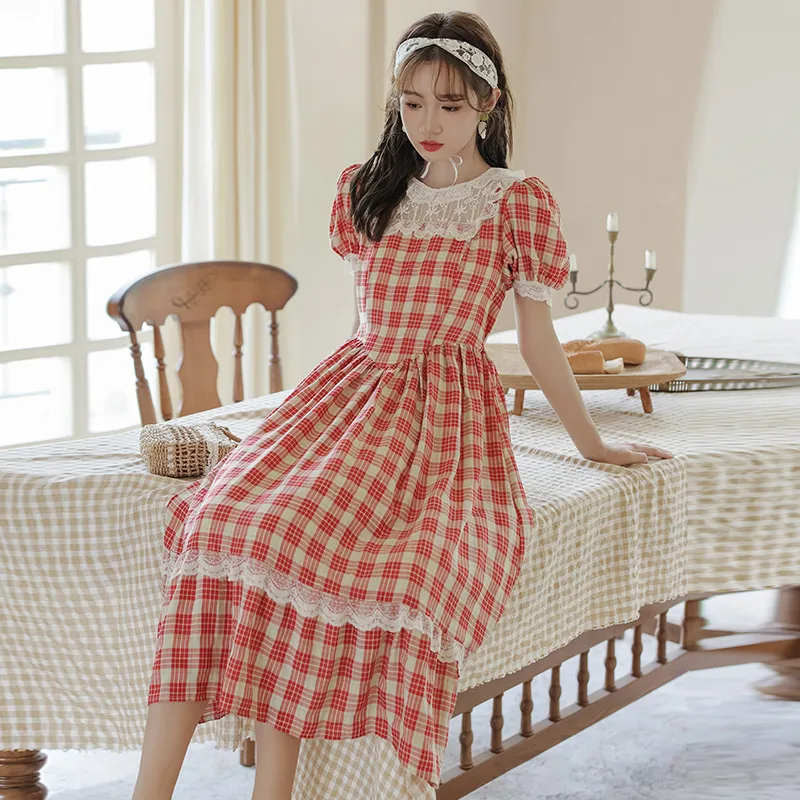 Mm Short Sleeved Dresses Women's Red Plaid-2