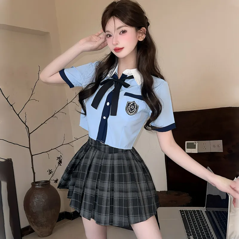 Mm Uniforms Women's Blue Shirt+Plaid Dress+Bow Tie-3