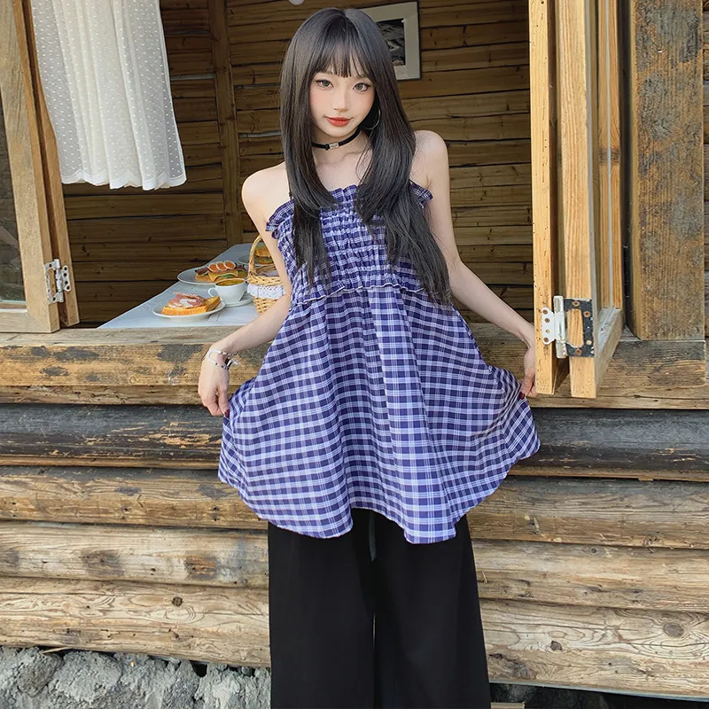 Mm Casual Long Skirts Women's Blue Reversible Plaid-5