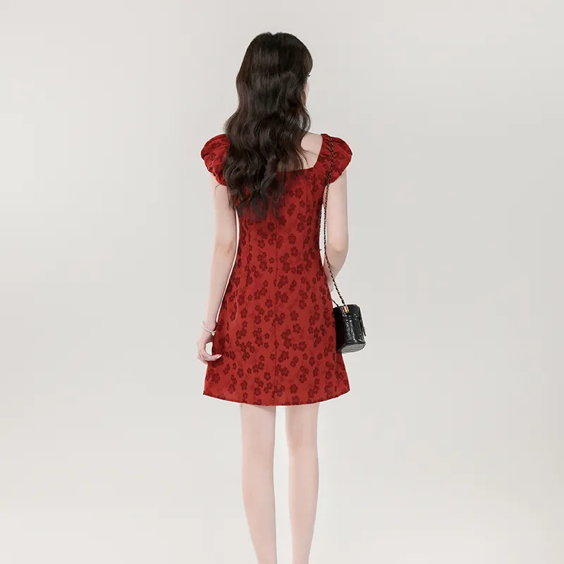 MM Short Sleeved Dress Women's Red Floral Dress-0