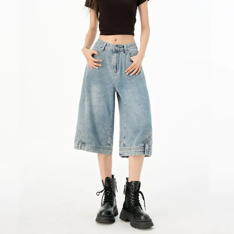 Mm Denim Shorts Women's Vintage Blue Mid Length Pants-2