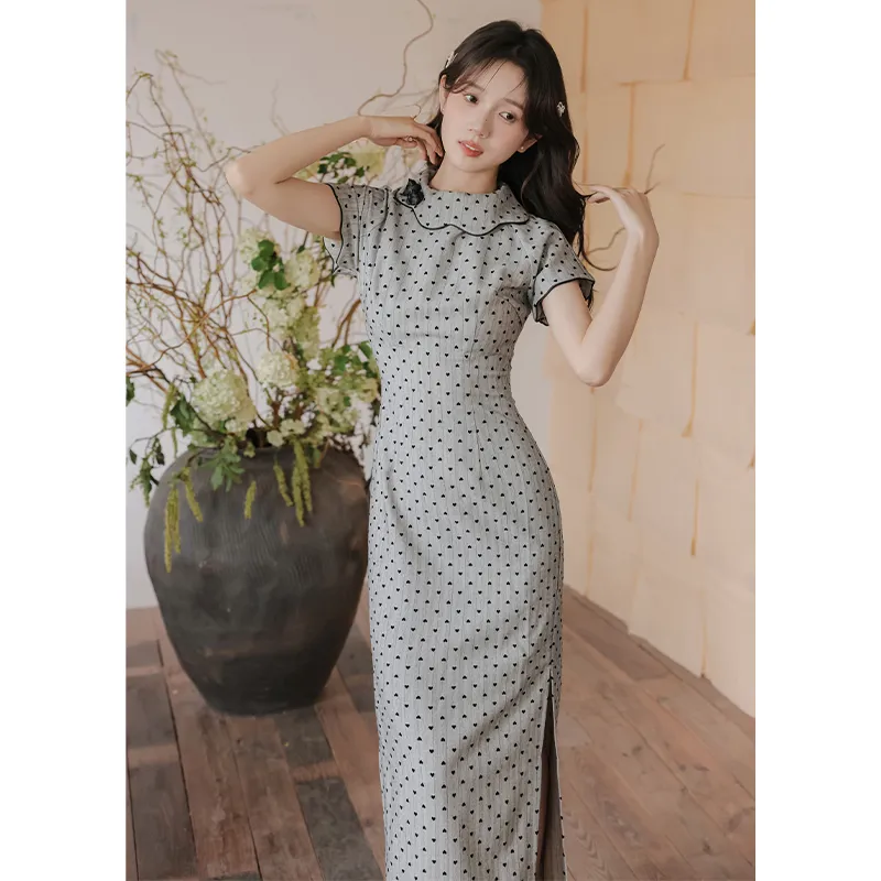 Mm Short Sleeved Dresses Women's Gray With Polka Dot-5