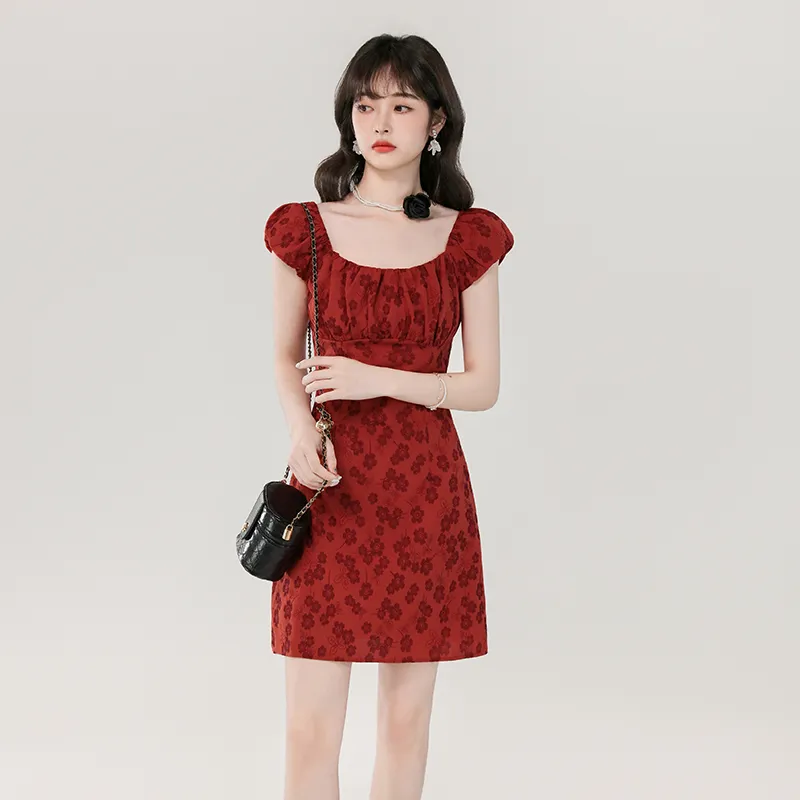 MM Short Sleeved Dress Women's Red Floral Dress-2