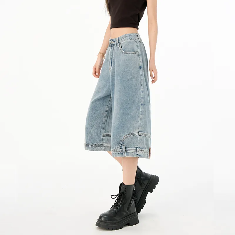 Mm Denim Shorts Women's Vintage Blue Mid Length Pants-3