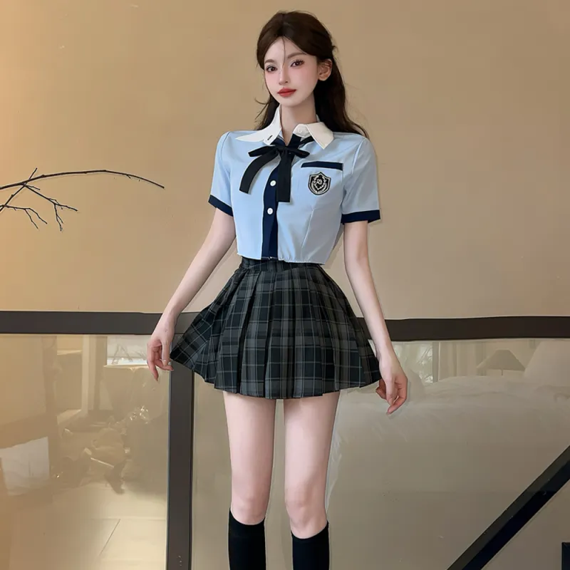 Mm Uniforms Women's Blue Shirt+Plaid Dress+Bow Tie-5
