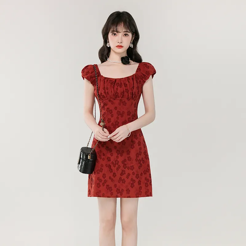 MM Short Sleeved Dress Women's Red Floral Dress-1