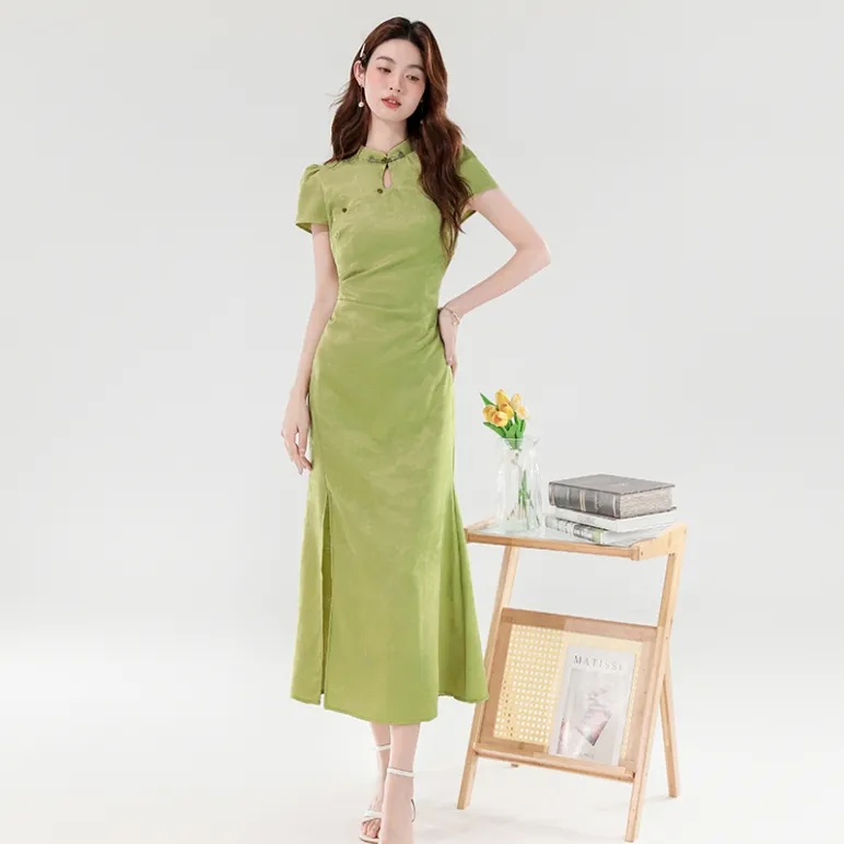 Mm Short Sleeved Dresses Women's Chinese Style Green-2